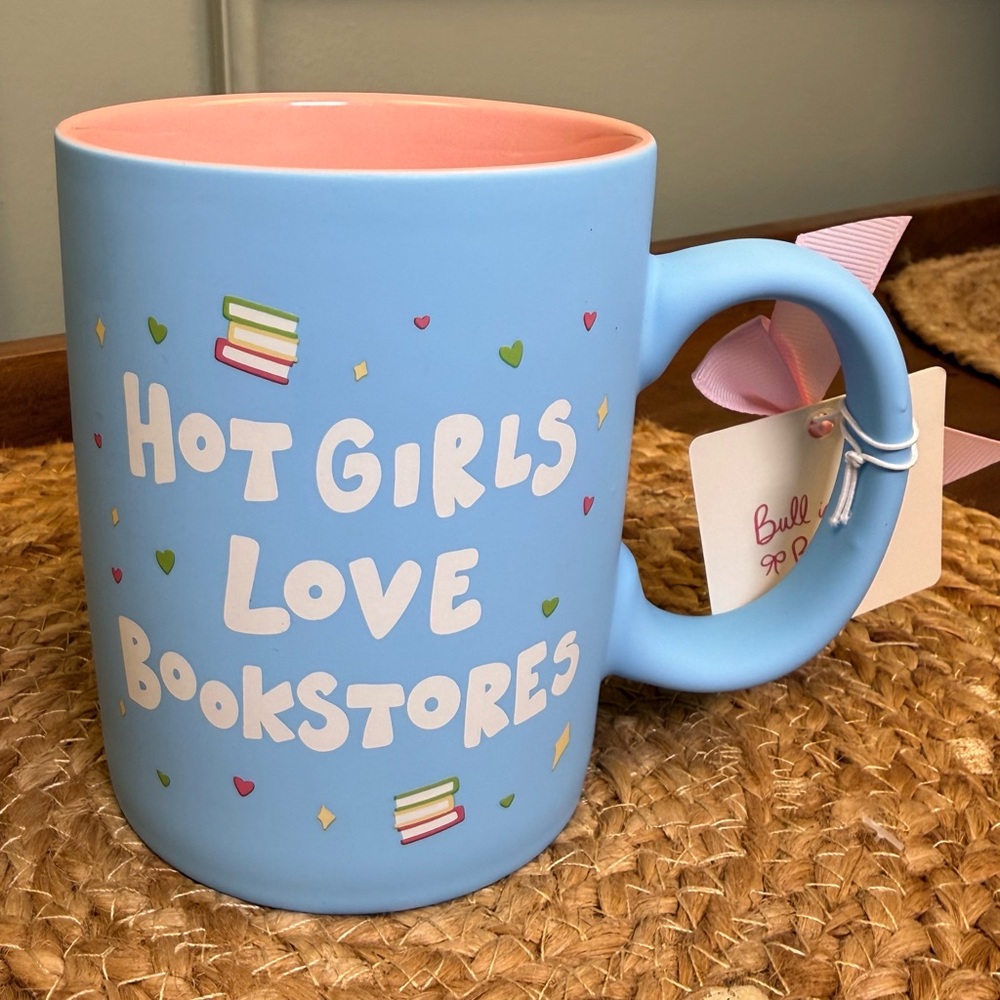 Bull in a Bookshop “Hot Girls Love Bookstores" Matte Blue Ceramic Coffee Mug NWT